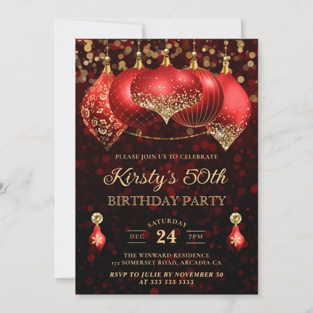 Elegant Red & Gold Christmas Baubles 50th Birthday Invitation (Front)
