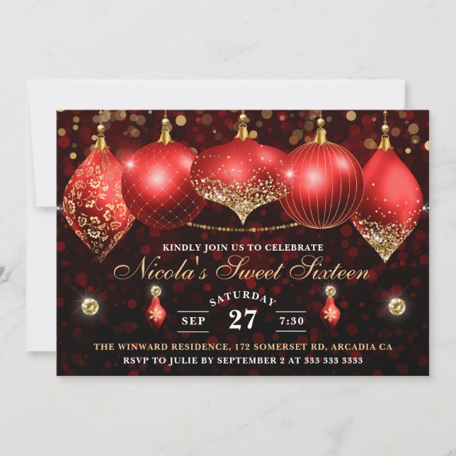 Elegant Red & Gold Christmas Baubles Sweet Sixteen Invitation (Front)