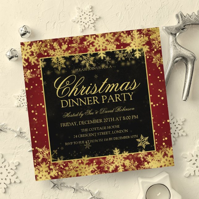 Elegant Red Gold Christmas Dinner Party Winter Invitation (Elegant Red Gold Christmas Dinner Party Winter Invitation)