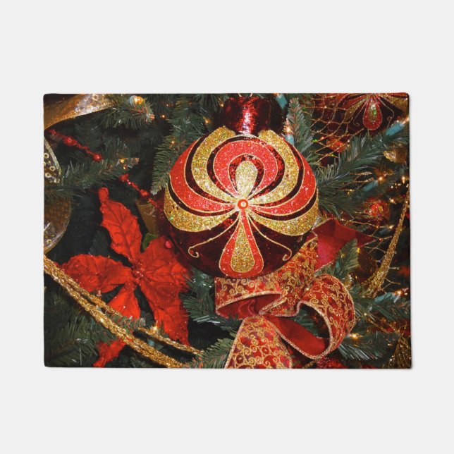 Elegant Red Gold Christmas Ornament Poinsettia Doormat (Front)