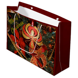 Elegant Red Gold Christmas Ornament Poinsettia Large Gift Bag