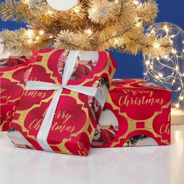 Elegant Red & Gold Christmas Pattern Baby Photo Wrapping Paper (Creator Uploaded)