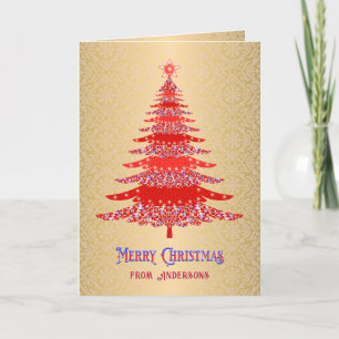 Elegant Red Gold Christmas Tree Custom Name Holiday Card