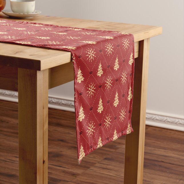 Elegant Red Gold Christmas Tree Snowflakes Pattern Short Table Runner (In Situ)