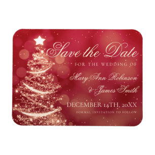 Elegant Red & Gold Christmas Wedding Save The Date Magnet