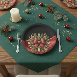 Elegant Red Gold Christmas Wreath  Marble Paper Plate