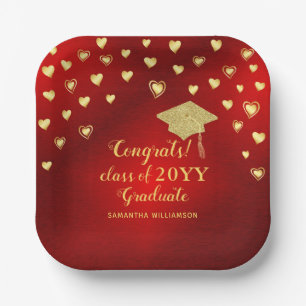 Elegant Red Gold Congrats Class of 2025 Graduate Paper Plate