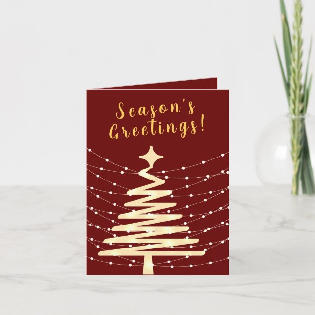 ELEGANT RED GOLD CREAM TREE LIGHTS BUSINESS LOGO HOLIDAY CARD (Front)