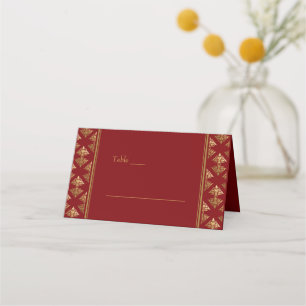 Elegant Red Gold Damask Patterned Wedding Place Card