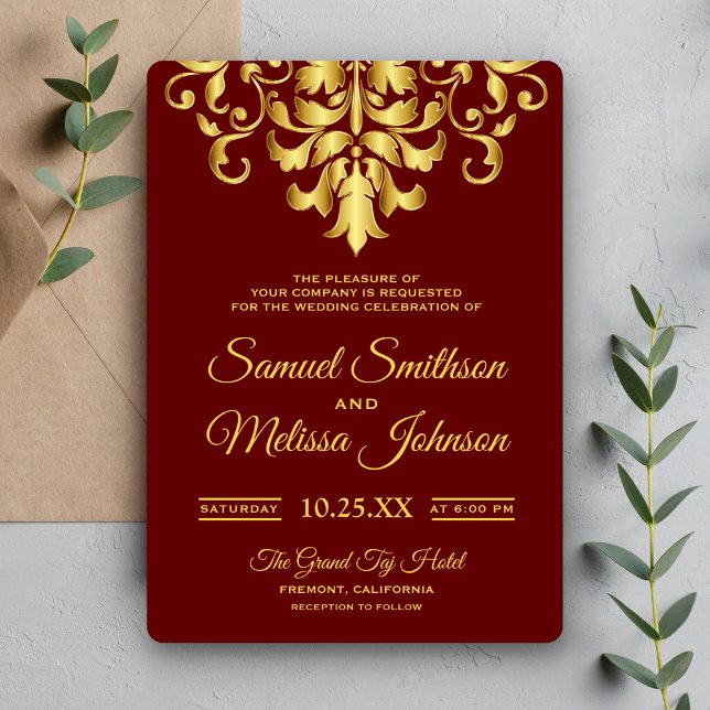 Elegant Red Gold Damask Wedding Invitation (Creator Uploaded)