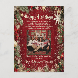 Elegant Red & Gold Family Photo Holiday Postcard