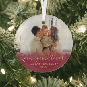 Elegant Red Gold Family Photo Merry Christmas Glass Tree Decoration
