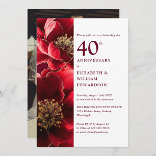 Elegant Red Gold Floral 40th Anniversary Photo Invitation