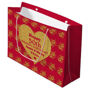 Elegant Red & Gold Floral 50th Wedding Anniversary Large Gift Bag