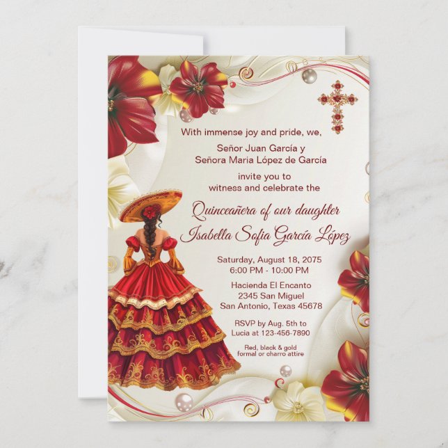 Elegant Red Gold Floral Charra Quinceanera  Invitation (Front)