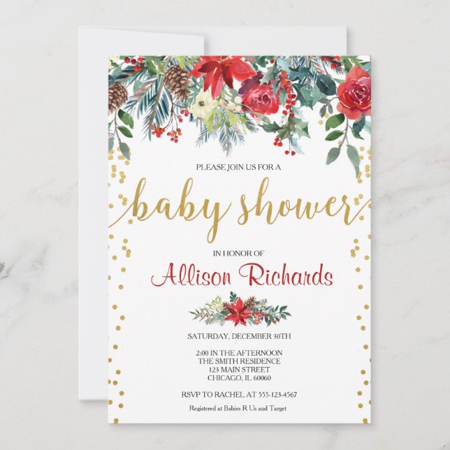 Elegant red gold floral Christmas baby shower Invitation (Front)