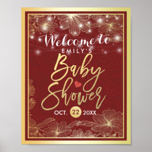 Elegant Red Gold Floral Frame Baby Shower Welcome Poster