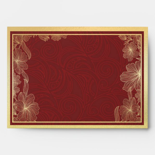 Elegant Red & Gold Floral Frame Wedding Envelope (Front)