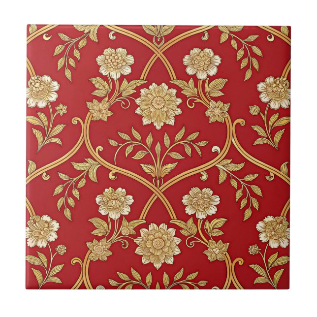 Elegant Red Gold Floral Lattice (1) Tile (Front)