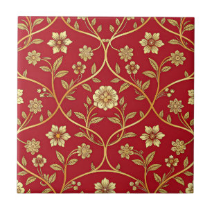 Elegant Red Gold Floral Lattice (2) Tile
