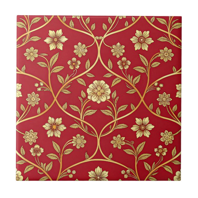 Elegant Red Gold Floral Lattice (2) Tile (Front)