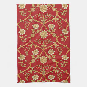 Elegant Red Gold Floral Lattice Tea Towel