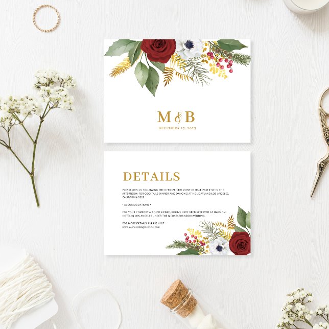 Elegant Red Gold Floral Monogram Wedding Details Enclosure Card (Creator Uploaded)