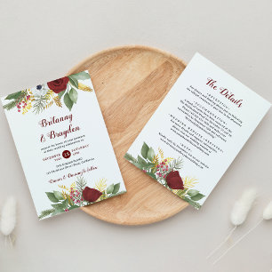 Elegant Red Gold Floral Script All in One Wedding Invitation