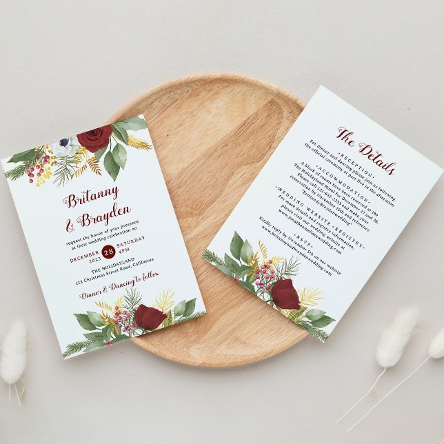 Elegant Red Gold Floral Script All in One Wedding Invitation (Creator Uploaded)