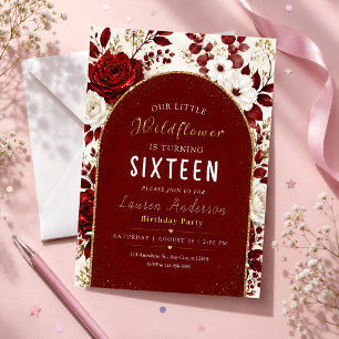Elegant Red Gold Floral Sweet Sixteen Birthday Invitation