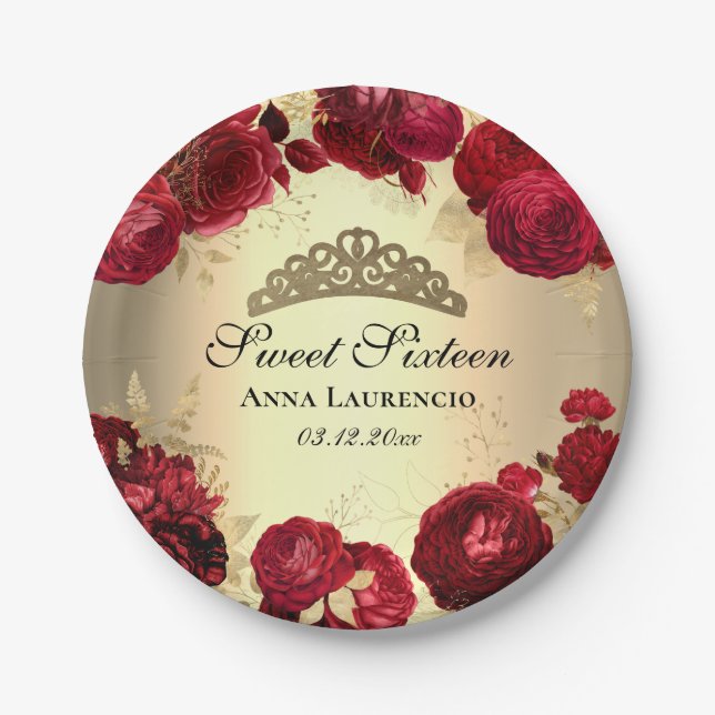 Elegant Red Gold Floral Sweet Sixteen Birthday Paper Plate (Front)