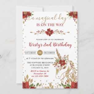 Elegant Red & Gold Floral Unicorn Birthday Party Invitation