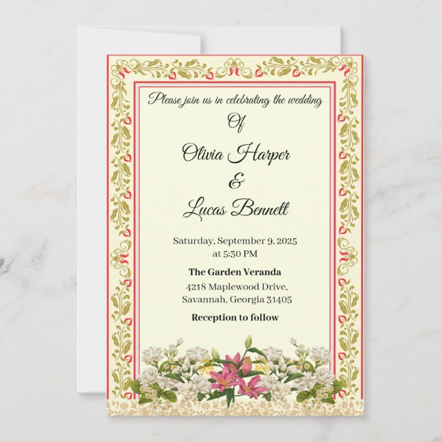 Elegant Red & Gold Floral Wedding Invitation (Front)