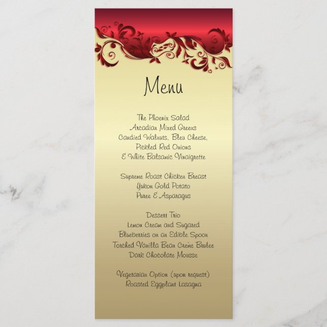 Elegant Red & Gold Florid Wedding Design Menu (Front)