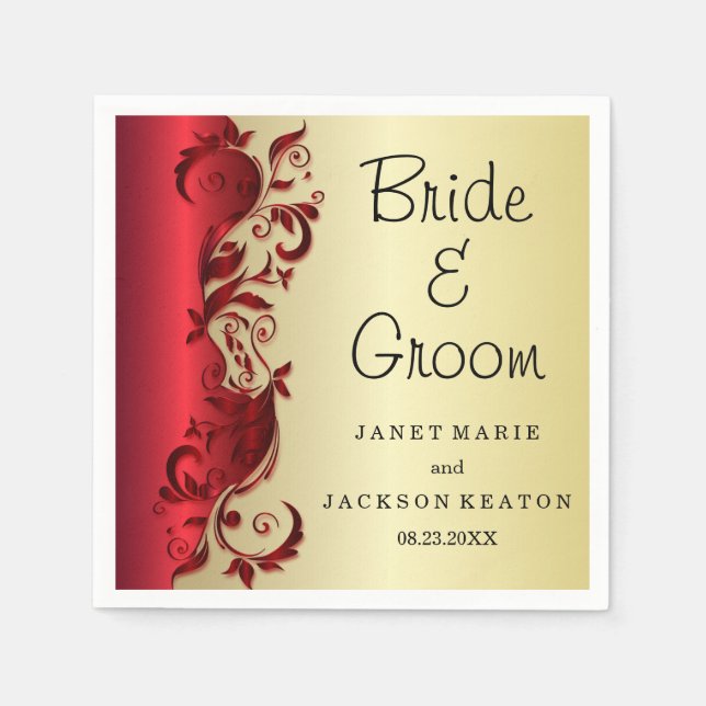 Elegant Red & Gold Florid Wedding Design Napkin (Front)