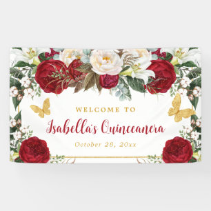 Elegant Red Gold Flowers Butterflies Quinceañera Banner