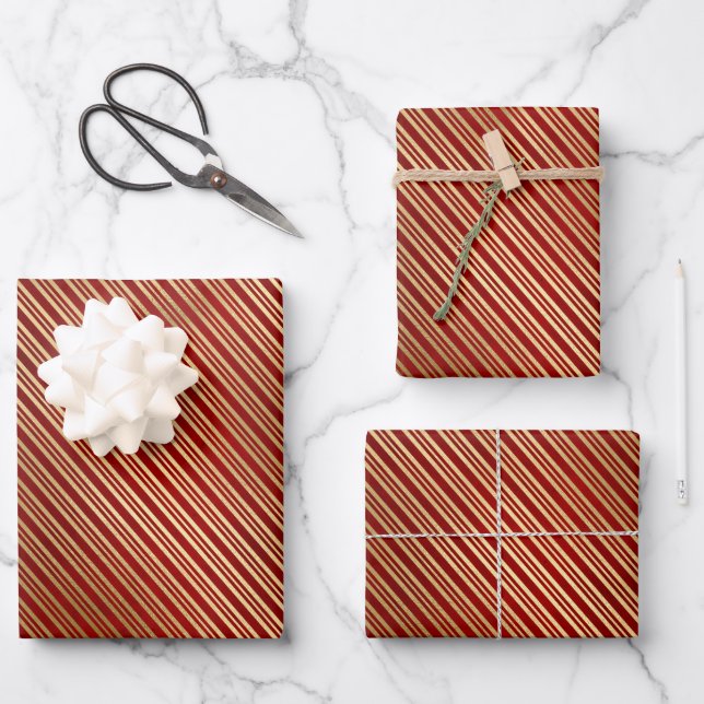 Elegant red gold foil candy cane stripes pattern wrapping paper sheet (Front)