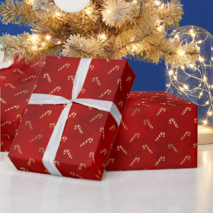 Elegant red gold foil cute candy cane pattern wrapping paper