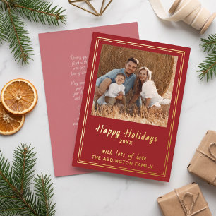 Elegant Red Gold Foil Happy Holidays Family Photo