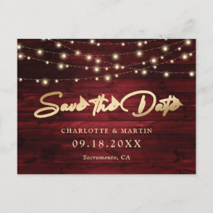 Elegant Red Gold Foil Wood Wedding Save The Date Announcement Postcard
