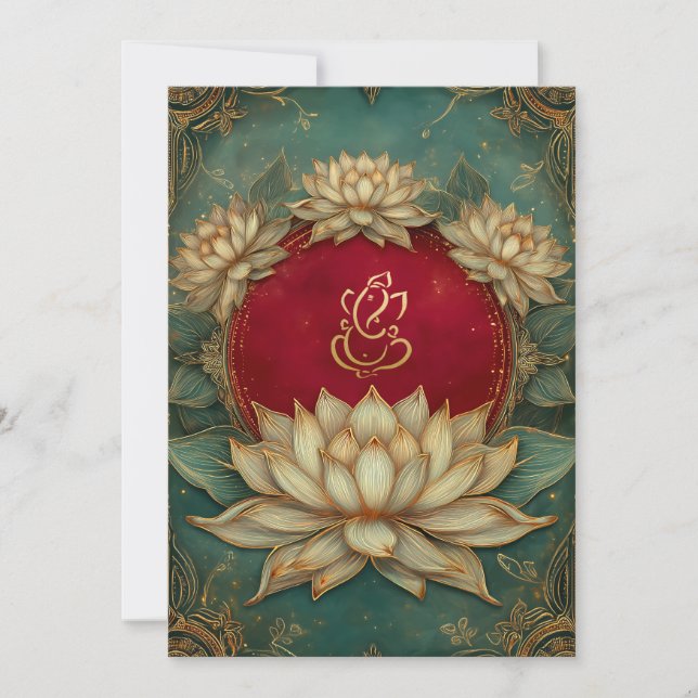 Elegant Red Gold Ganesha/Indian Lotus Wedding Invitation (Front)