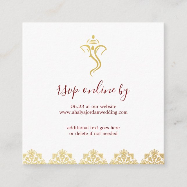 Elegant Red & Gold Ganesha & Mehndi Wedding RSVP Enclosure Card (Front)
