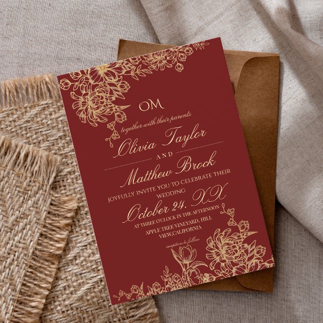 Elegant Red & Gold Garden Floral Wedding Invitation (Creator Uploaded)