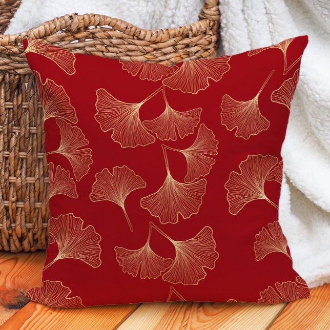 Elegant Red Gold Ginko Leaves  Cushion (Elegant red and gold ginko pillow)