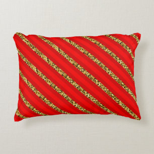 Elegant Red Gold Glitter Angled Stripe Pattern Decorative Cushion