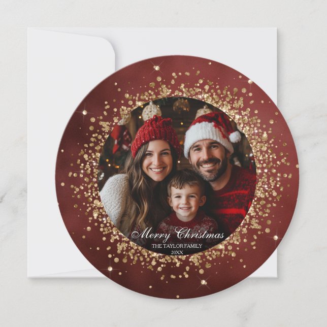 Elegant Red Gold Glitter Christmas Family Photo (Front)