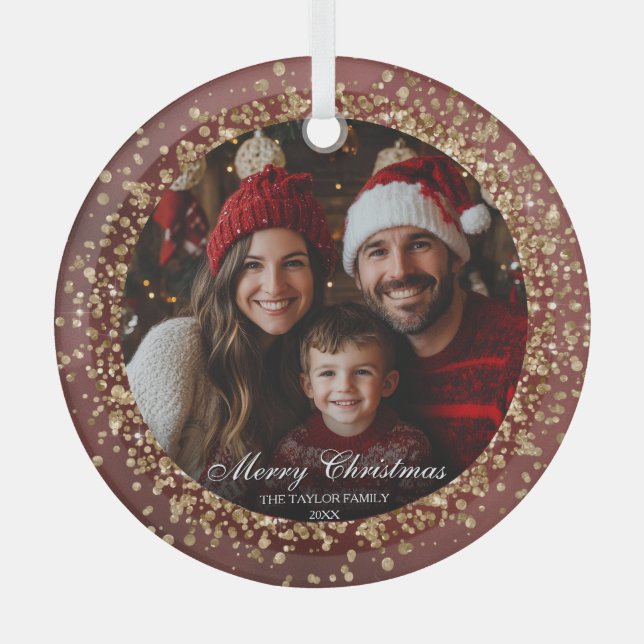 Elegant Red Gold Glitter Christmas Family Photo Glass Tree Decoration (Front)