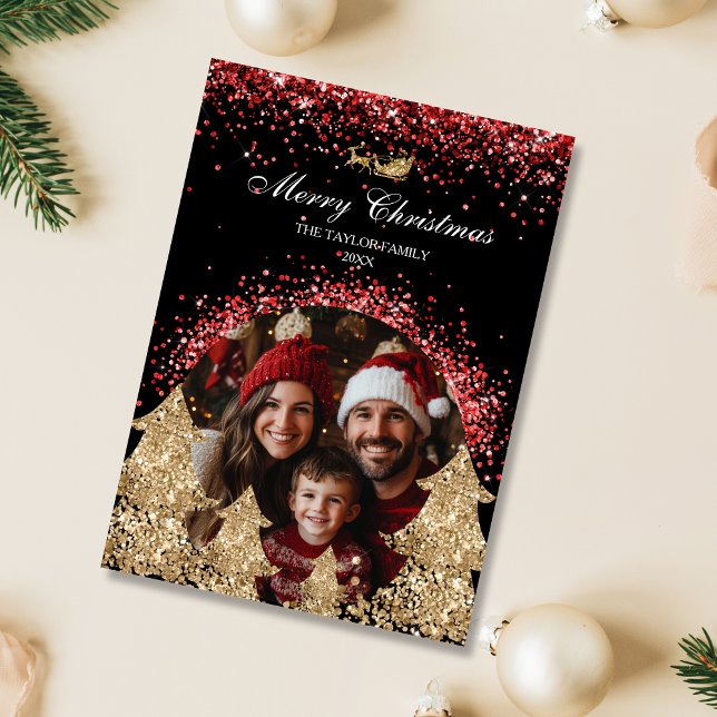 Elegant Red Gold Glitter Christmas Tree Photo Invitation (Creator Uploaded)