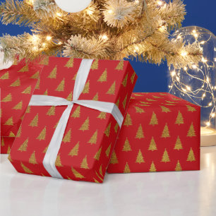 Elegant red gold glitter Christmas trees pattern Wrapping Paper