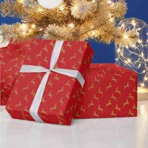 Elegant red gold glitter cute reindeer pattern wrapping paper